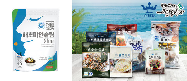 ‘2020 수산물 수출 브랜드’ 대전에서 대상을 수상한 ㈜해청정의 다시마 국수 사진 왼쪽)· 은상을 수상한 ㈜완도사랑S&F의 전복볶음밥 등 제품.                      /완도군 제공